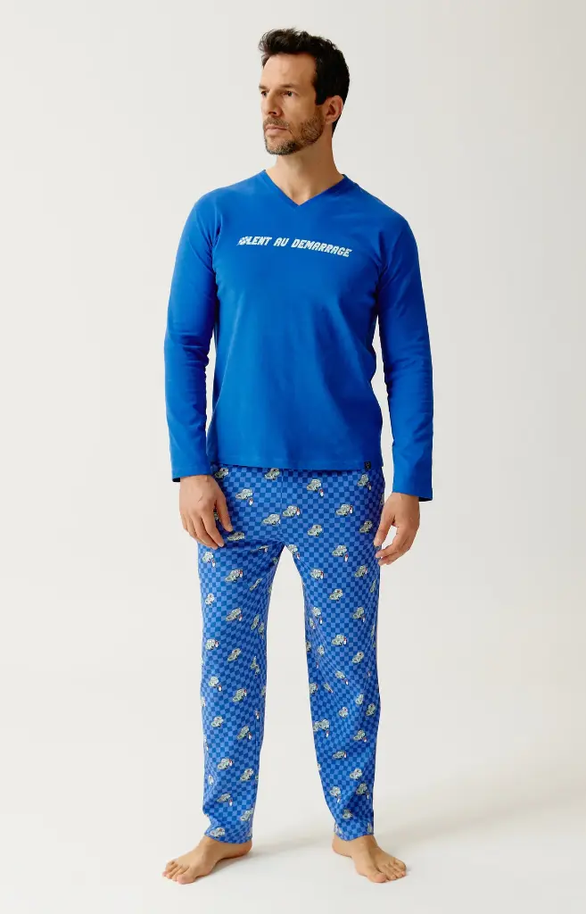 Pyjama long homme coton bio ARTHUR "Lent au démarrage" ZAC - Bleu 2CVCH26