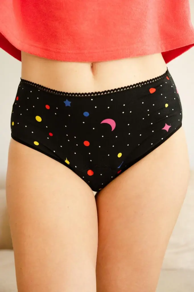 Culotte menstruelle dame taille haute flux abondant coton bio WE ARE JOLIES "Astro Pailettes"