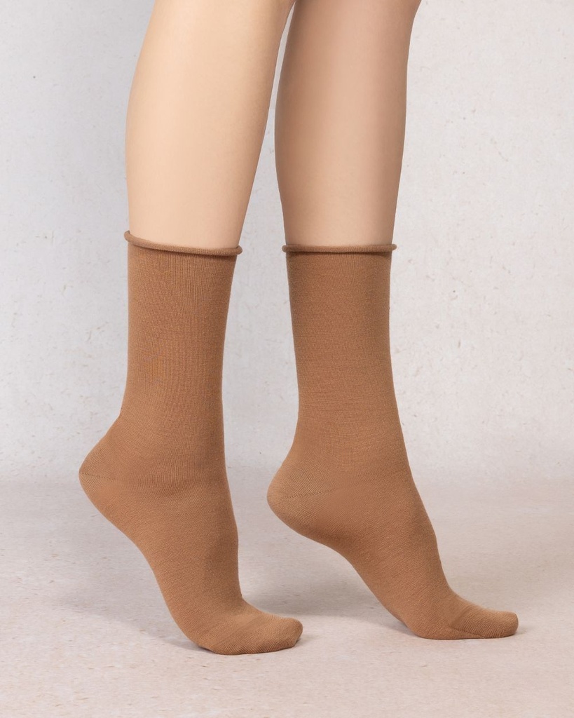 Chaussettes dame bord roulé BLEU FORET "Laine Fine" FBU6700 - Praline FQ9