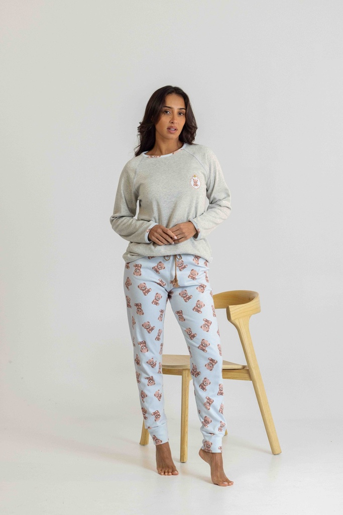 Pyjama long et doux dame "Teddy bear" MIRA 8562MW - Gris et bleu 03