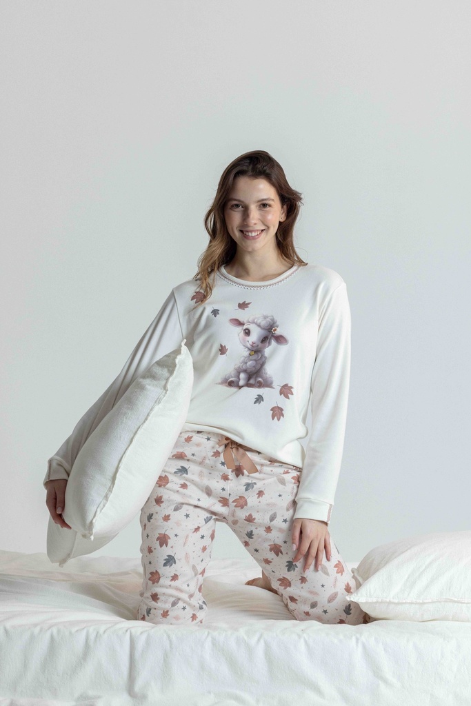 Pyjama long et doux dame "Agneau" MIRA 8566MW - Ecru 07