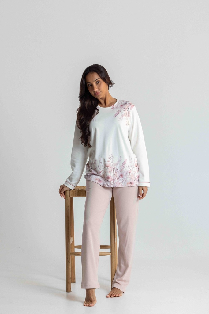 Pyjama long et doux dame MIRA 8552MW - Ecru et rose 02