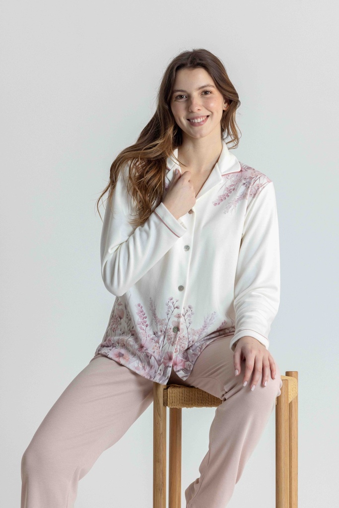 Pyjama long et doux avec boutons dame MIRA 8567MW - Ecru et rose 02