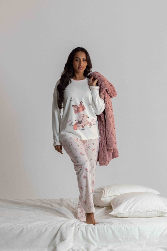 Pyjama long et doux dame MIRA "Renardeau" 8560MW - Ecru et rose 02