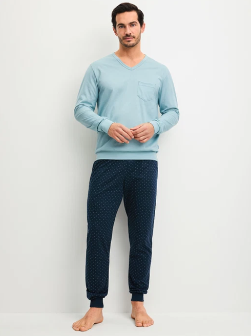Pyjama long homme avec bords resserés 100% coton CALIDA "Relax Imprint" 47687 - Tourmaline blue 547