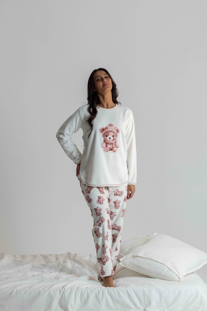 Pyjama long et doux dame "Teddy bear" MIRA 8573MW - Ecru 09 (S)