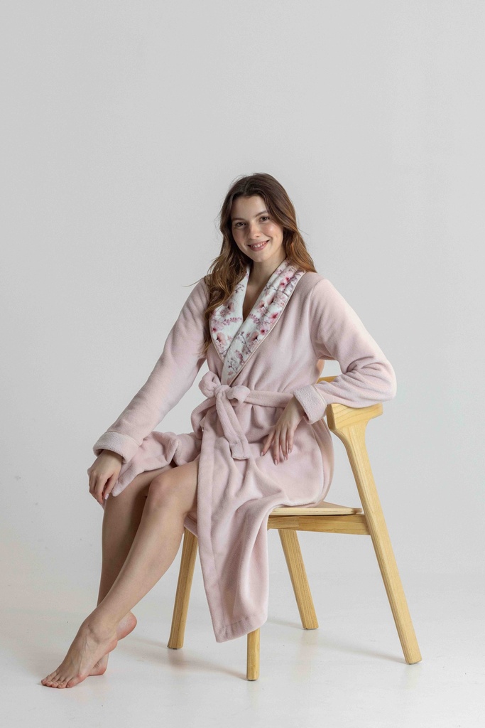Peignoir long et doux dame "Fleurs" MIRA 9143MW - Rose 02
