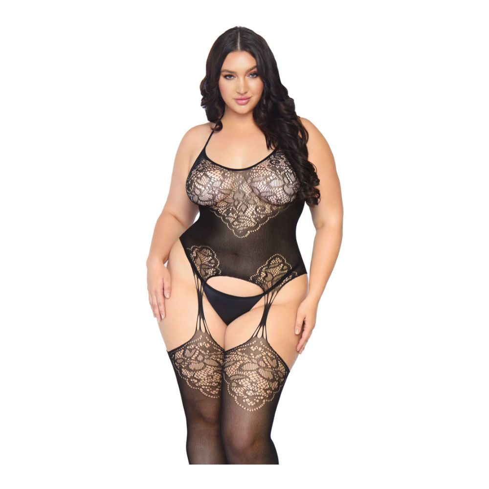 Body entier transparent & porte jarretelle - Plus size bodystocking - LEG AVENUE 89175X - Noir 001