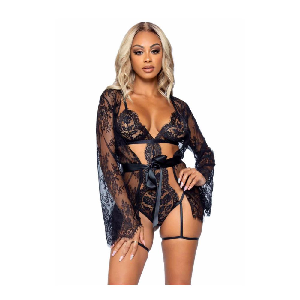 Body string & porte jarretelle & kimono en dentelle sexy - 3 pièces - LEG AVENUE 86123 - Noir 001