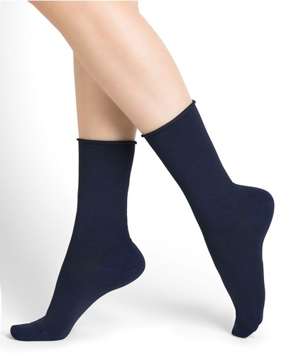 Chaussettes dame bord roulé BLEU FORET "Laine Fine" FBU6700 - Marine G9Z