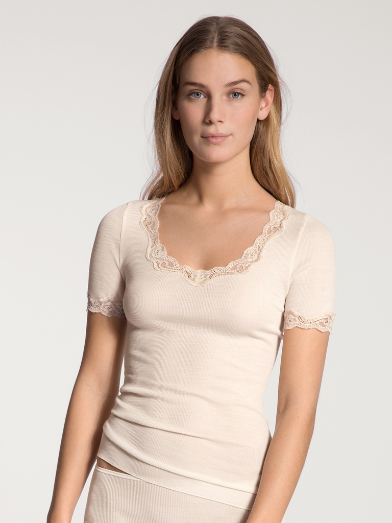 Chemisette manche courte dentelle laine & soie CALIDA "Richesse Lace" 14990 - Light Ivory 090