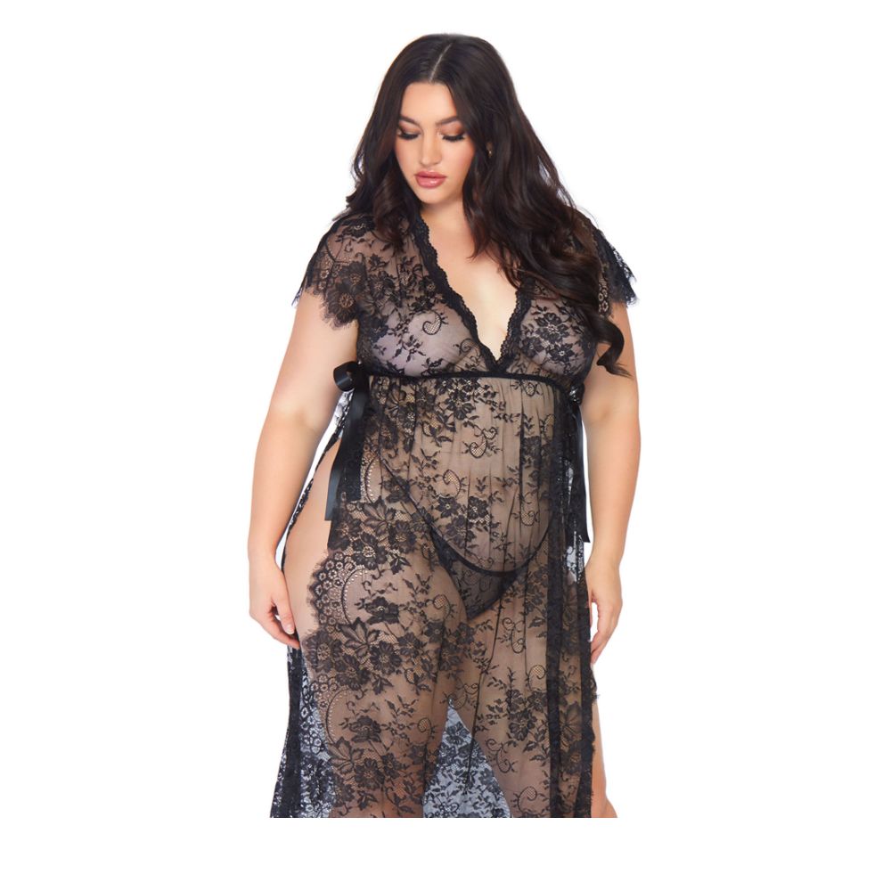 Longue robe fendue en dentelle & string sexy - Plus Size - 2 pièces - LEG AVENUE 86103X - Noir 001