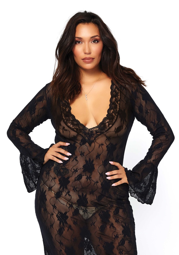 Longue robe transparente en dentelle sexy - Plus size - LEG AVENUE 86092Q - Noir 001