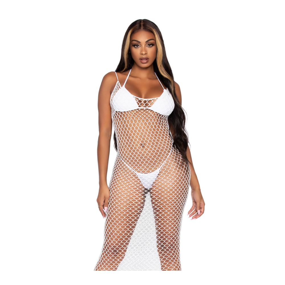 Longue robe transparente en résille sexy LEG AVENUE 86963 - Blanc 002