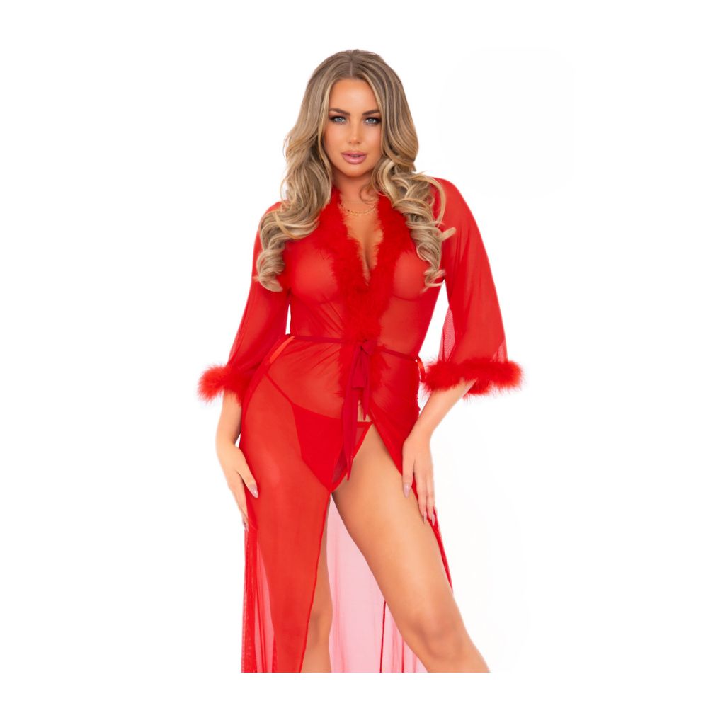 Longue robe voile transparente & boa avec cravate & string - 3 pièces - LEG AVENUE 86111 - Rouge 003