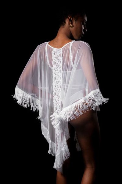 Poncho sexy tulle & franges FOLIES RENAUD "Celia" 100216 - Blanc