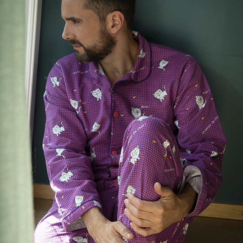 Pyjama boutonné adulte en pilou JUSQU'AU LEVER DU JOUR - Chat Rose