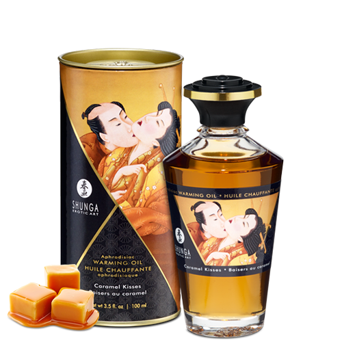 Huile chauffante comestible pour zones érogènes SHUNGA "Baisers Intimes" 100ml - Baisers au caramel