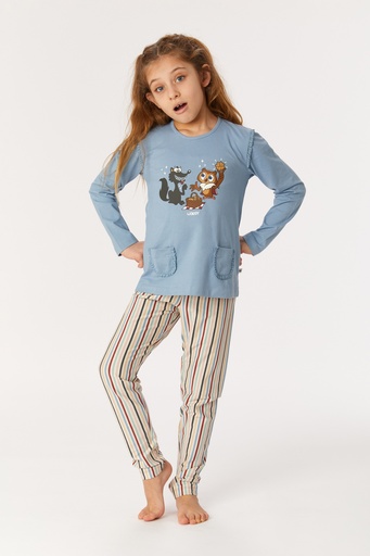 Pyjama long fille WOODY 222-1-PLG-S - Bleu denim et rayé 819