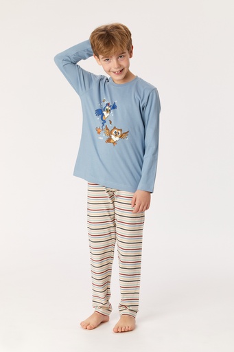 Pyjama long unisexe enfant WOODY 222-1-PLS-S - Bleu denim et rayé 819