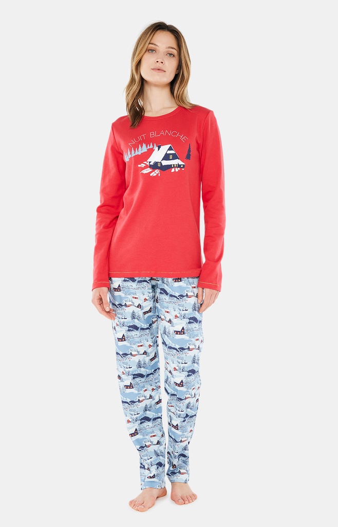 Pyjama long femme coton bio ARTHUR "Petits Chalets" MOL - Bleu NUITH22