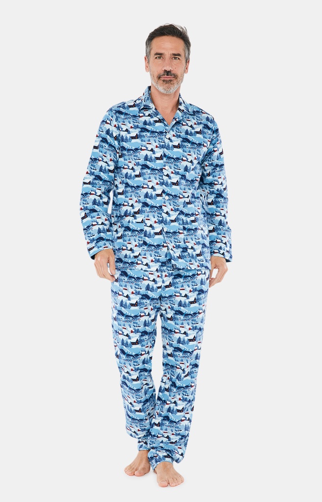 Pyjama long homme boutonné 100% coton Pilou Oeko-Tex ARTHUR "Petits Chalets" PLC - Bleu NUITH22
