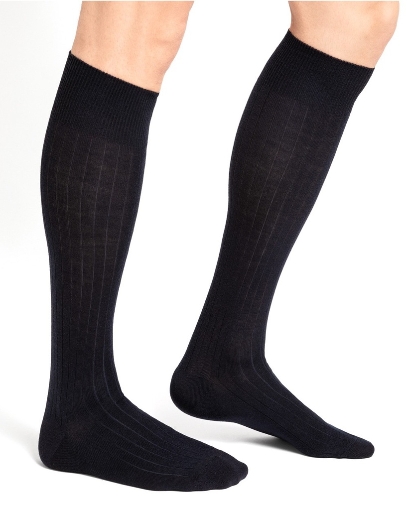 Chaussettes hautes homme à côtes non comprimantes BLEU FORET "Laine Mérinos" 2340 - Marine G9Z