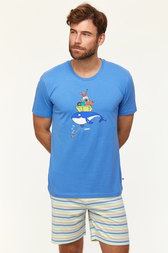 Pyjama short adulte 100% coton WOODY "Baleine" 231-1-PSS-S - Bleu 866