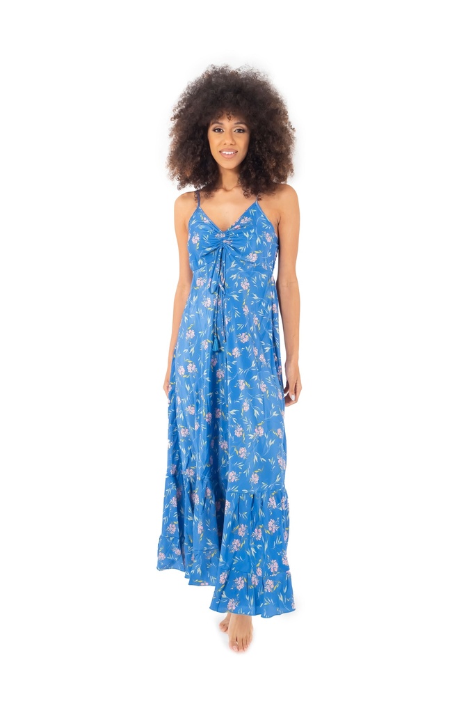 Robe de plage longue fines bretelles ICONIQUE "Angie Strappy" IC23-137 - Bleu Motifs