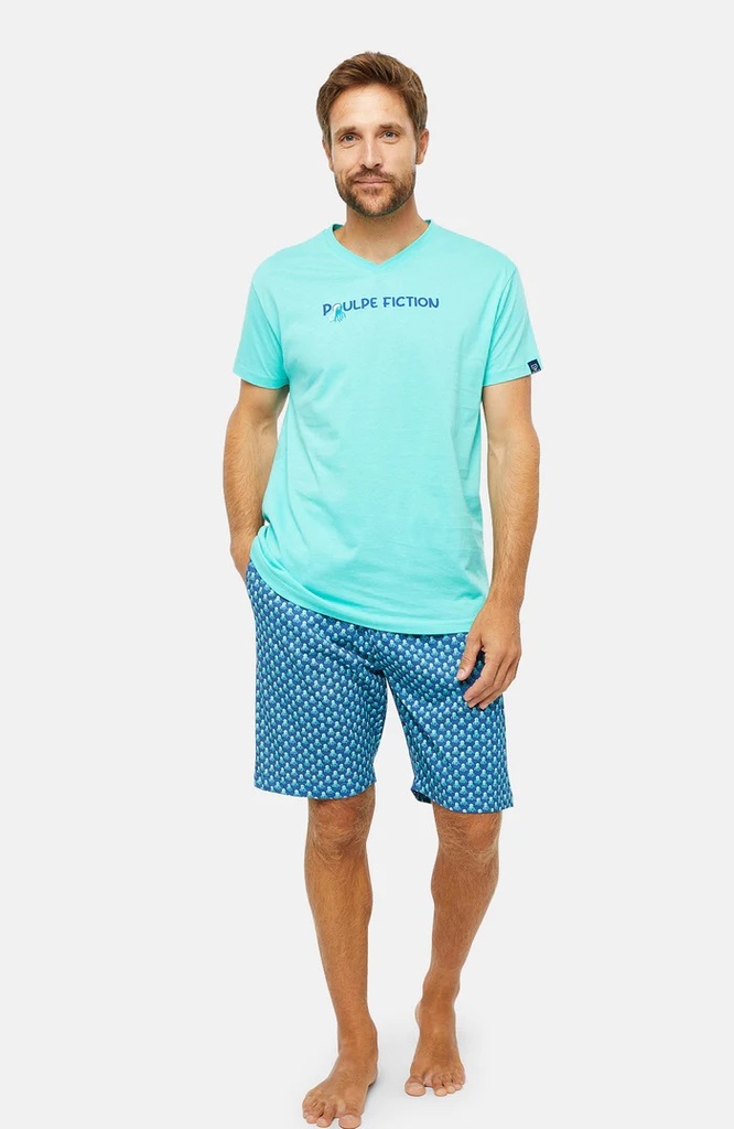 Pyjama Short 100% coton bio ARTHUR "Poulpe Fiction" PAU - Emeraude POULE23