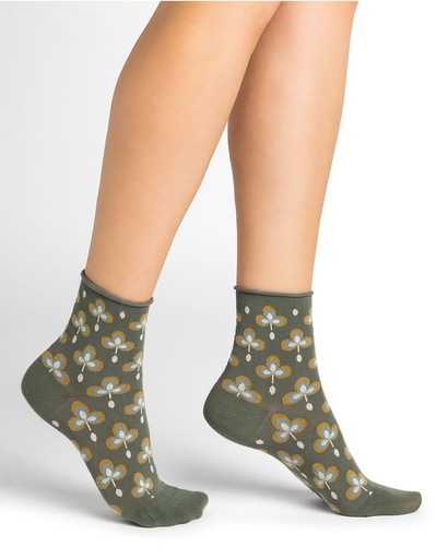 Chaussettes Dame en coton BLEU FORET "Velouté Trèfles" FBU6405 -  Vert Antique NZ5