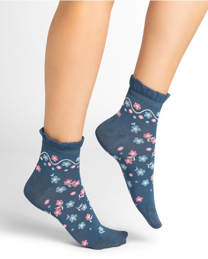 Chaussettes Dame BLEU FORET "Fil d'Ecosse Fleurs Smock" FBU6403 -  Océan GY5