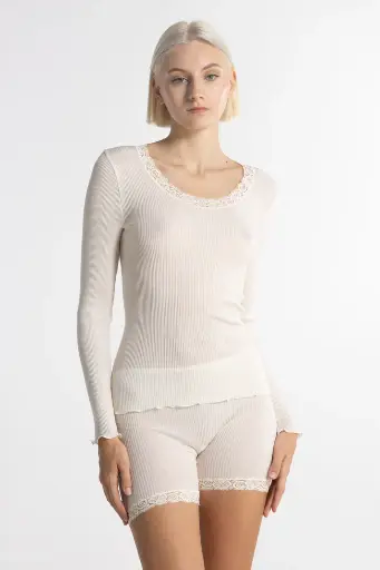 Chemisette longues manches col rond en laine & soie avec dentelle OSCALITO 3416 - Ivoire 012