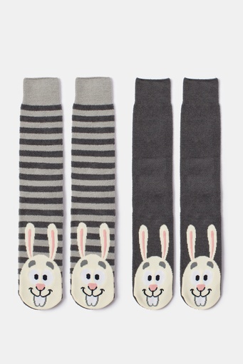 Chaussettes anti-dérapantes en grosse maille lot duo WOODY "Lièvre" 232-10-SOK-H - Gris Beige 020