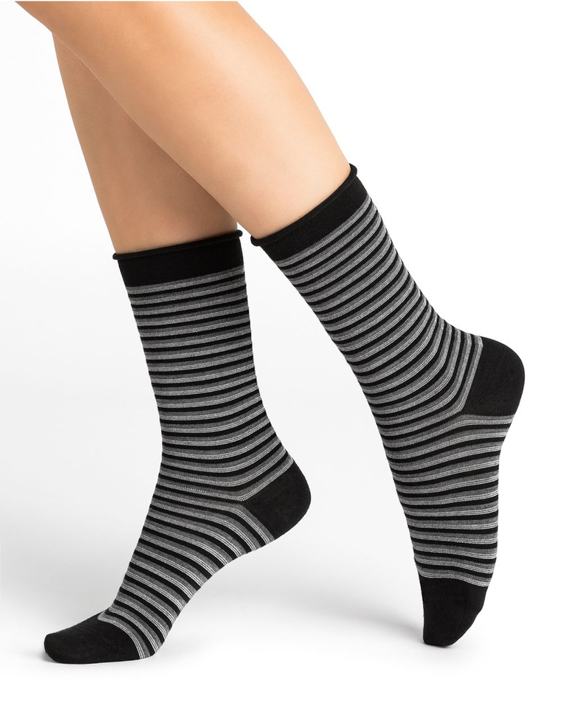 Chaussettes dame laine BLEU FORET "Laine Fine Rayures" 6451 - Noir AR5