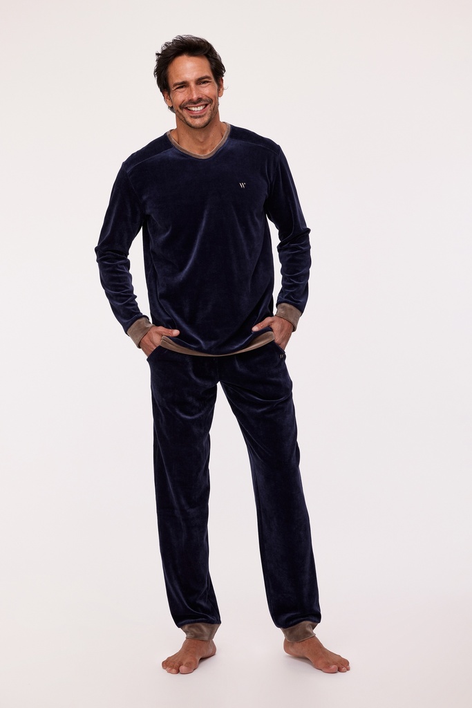 Pyjama long homme en velours WOODY 232-11-MVL-V - Bleu 826