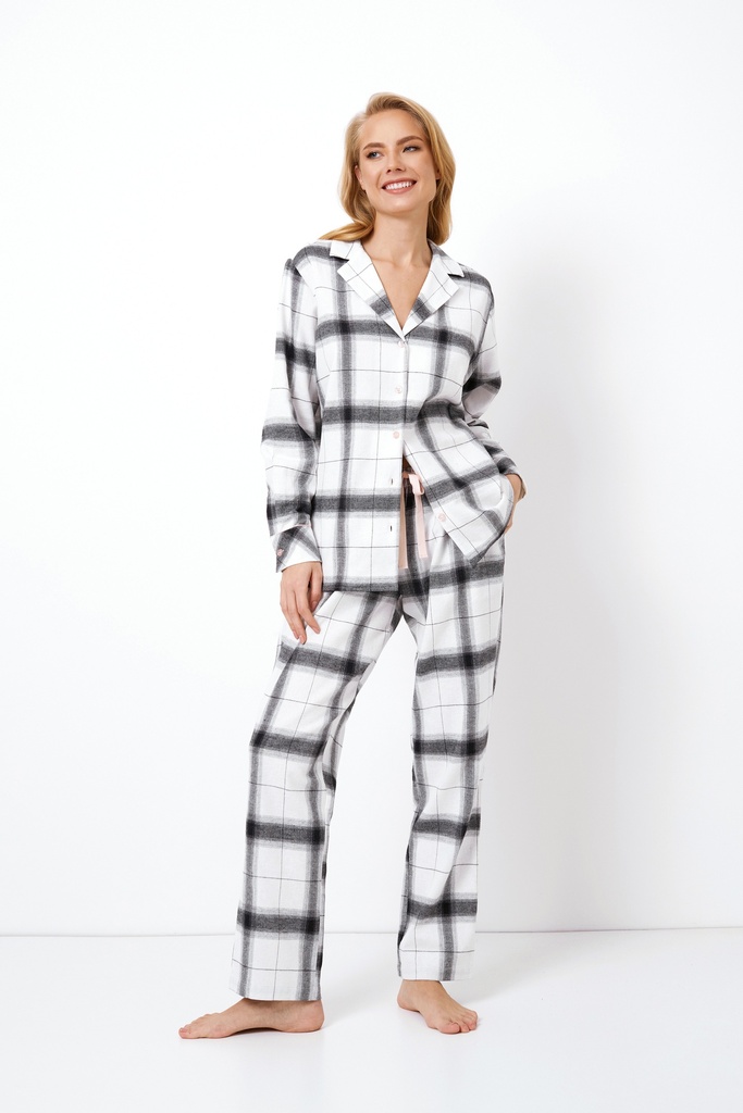Pyjama dame long boutonné 100%coton ARUELLE "Catalina" AR-CATA-PL - Blanc Gris MULTIC