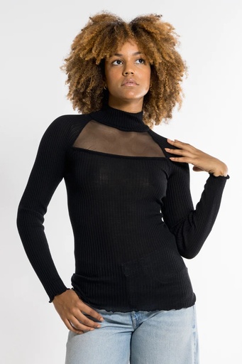 Blouse  manches longues col montant laine & soie OSCALITO 6906 - Noir 020