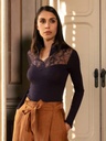 Blouse longue manche & col en V dentelle laine & soie OSCALITO 6828 - Mirtillo 666