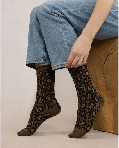 Chaussettes dame laine fine BLEU FORET "Léopard" FBU6448 - Kaki Foncé EV4