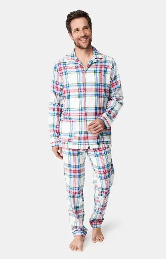 Pyjama long homme boutonné 100% coton pilou ARTHUR PLC - Blanc Carreau LOGAH24