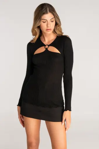 Haut manches longues en laine & soie avec découpes OSCALITO 7471 - Noir 020