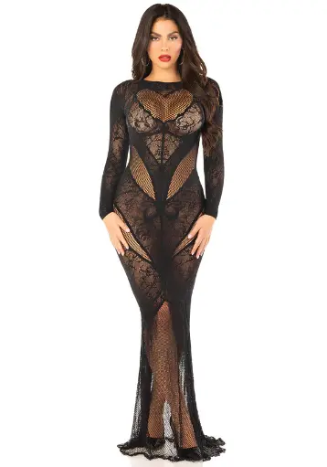 Longue robe transparente en dentelle et résille sexy LEG AVENUE 86005 - Noir 001 