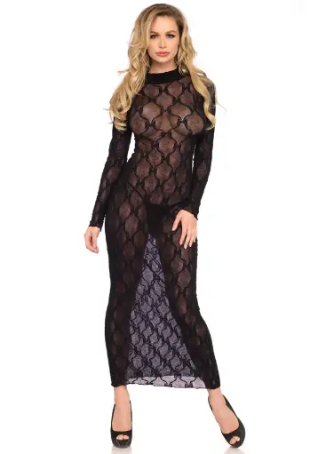 Longue robe transparente en dentelle avec motif noeud LEG AVENUE 86401 - Noir 001