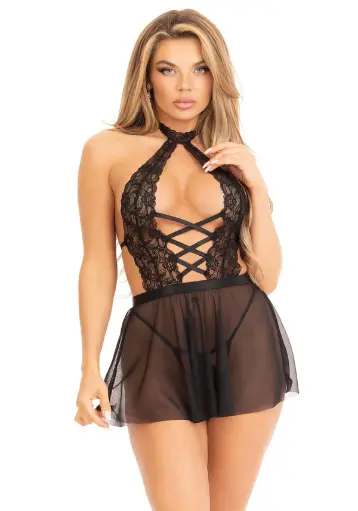 Robe dentelle babydoll transparente sexy & string - 2 pièces - LEG AVENUE 87206 - Noir 001 