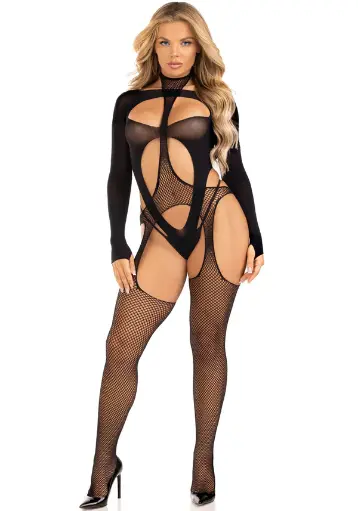 Body entier transparent superposés - 2 pièces - bodystocking - LEG AVENUE 89321 - Noir 001 