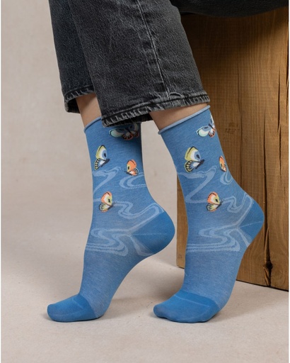 Chaussettes dame coton Bord Roulé BLEU FORET "Velouté Fantaisie" FBU6534 - Azur Papillons CN2