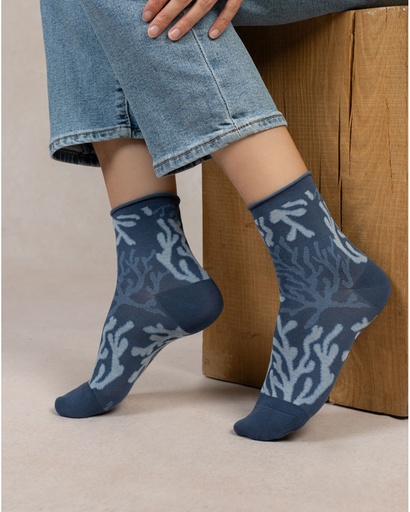 Chaussettes dame coton Bord Roulé BLEU FORET "Velouté Fantaisie" FBU6535 - Bleu Ardoise Coraux ET4