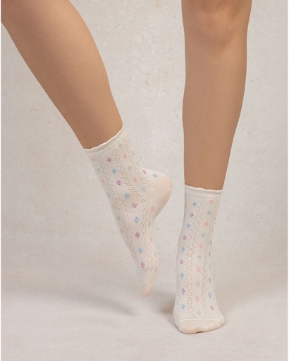 Chaussettes dame coton BLEU FORET "Ajourées Petits Losanges" FBU6533 - Ecru M2B