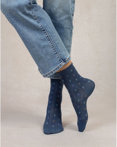 Chaussettes dame coton BLEU FORET "Ajourées Petits Losanges" FBU6533 - Bleu Jean DK3